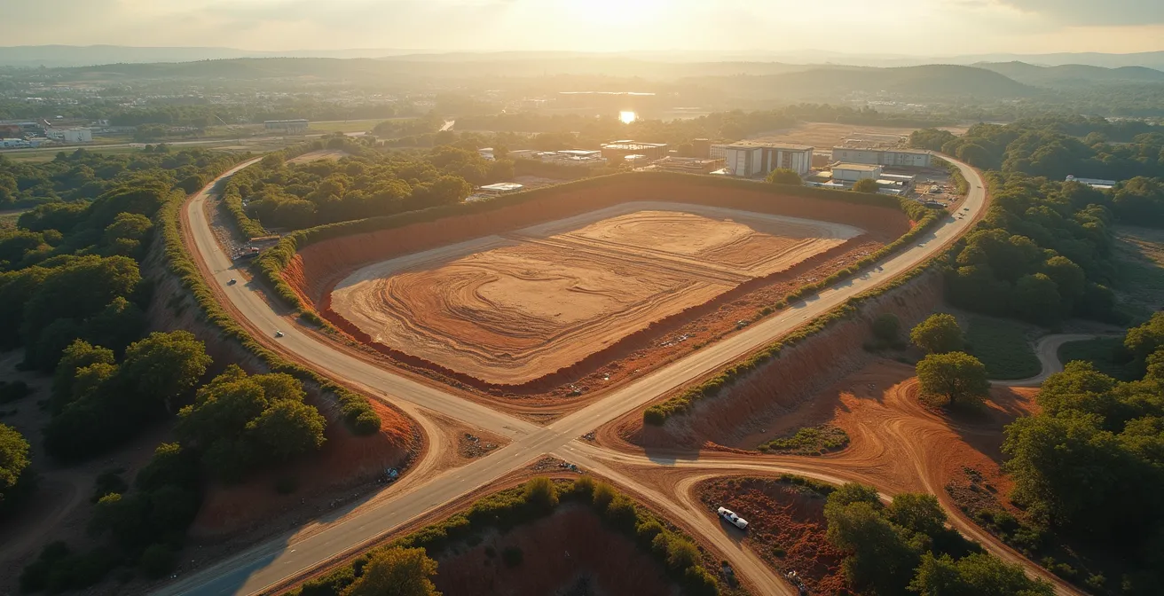 Vue aérienne illustrée d’un terrain avec indications de topographie, accès et orientation solaire
