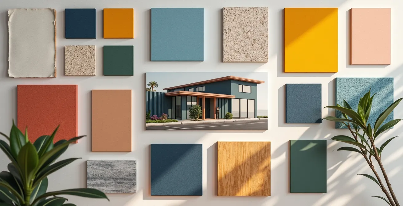 Moodboard coloré avec des inspirations architecturales diverses pour un projet résidentiel
