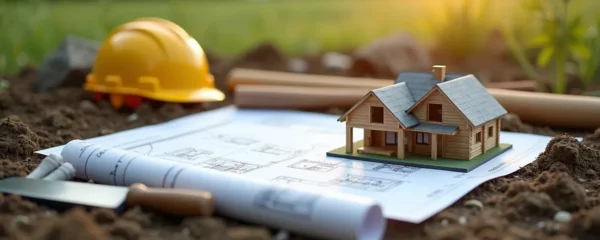 Vue symbolique représentant un projet de construction, montrant un terrain avec plans et maquettes de maison en arrière-plan