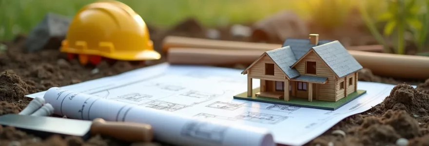 Vue symbolique représentant un projet de construction, montrant un terrain avec plans et maquettes de maison en arrière-plan