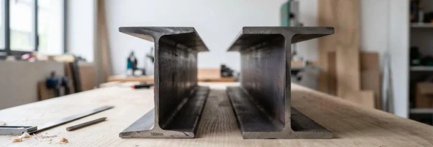 Deux profilés métalliques (IPN et HEA) disposés en parallèle sur un plan de travail en bois clair, éclairés par une lumière naturelle latérale créant des ombres marquées qui soulignent leurs différences géométriques