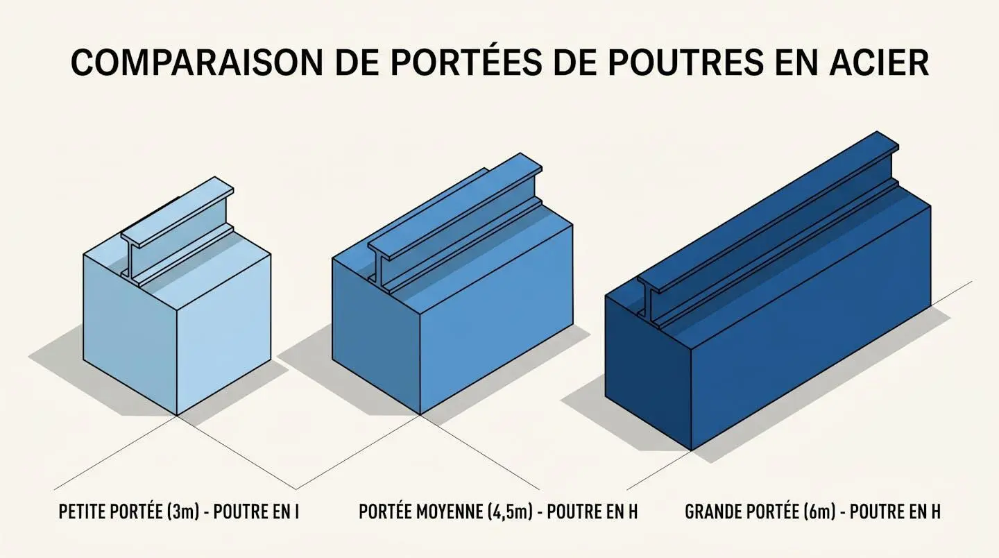 Illustration isométrique de trois volumes architecturaux de tailles croissantes (3m, 4,5m, 6m) surmontés chacun d'un profilé métallique adapté (IPN pour le plus petit, HEA pour les moyens et longs)